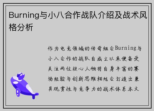 Burning与小八合作战队介绍及战术风格分析