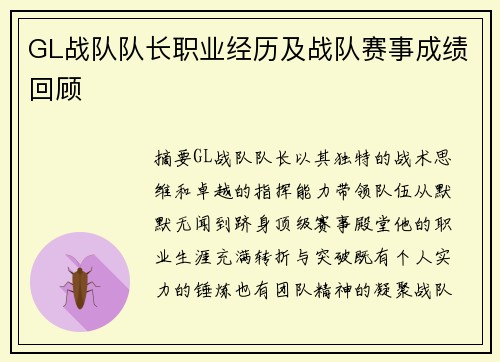 GL战队队长职业经历及战队赛事成绩回顾