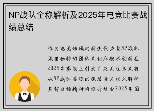 NP战队全称解析及2025年电竞比赛战绩总结